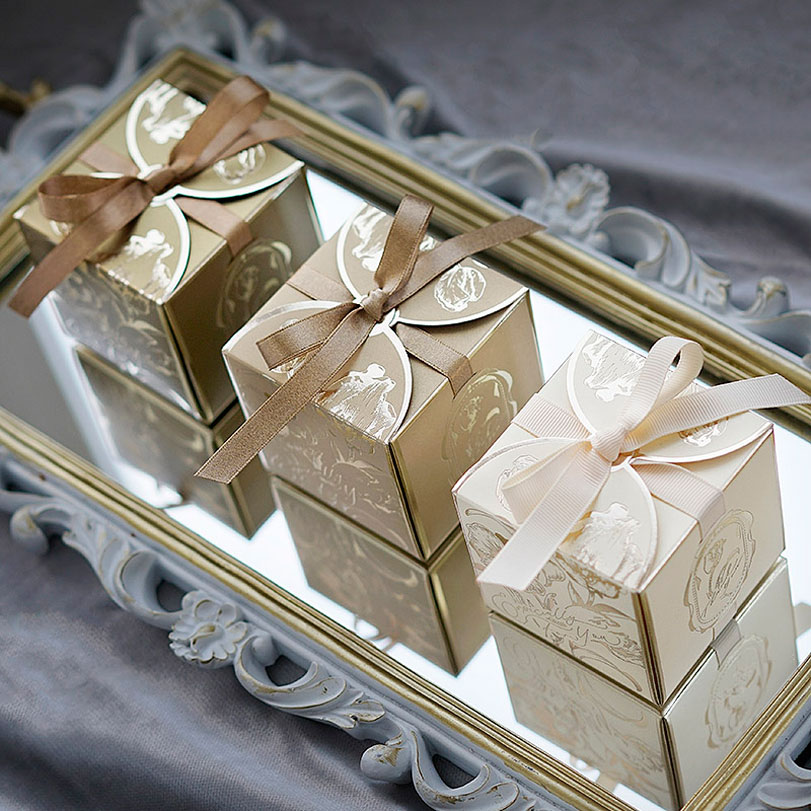 Wedding Favor Box - Square Paper Gift Boxes with Ribbons,